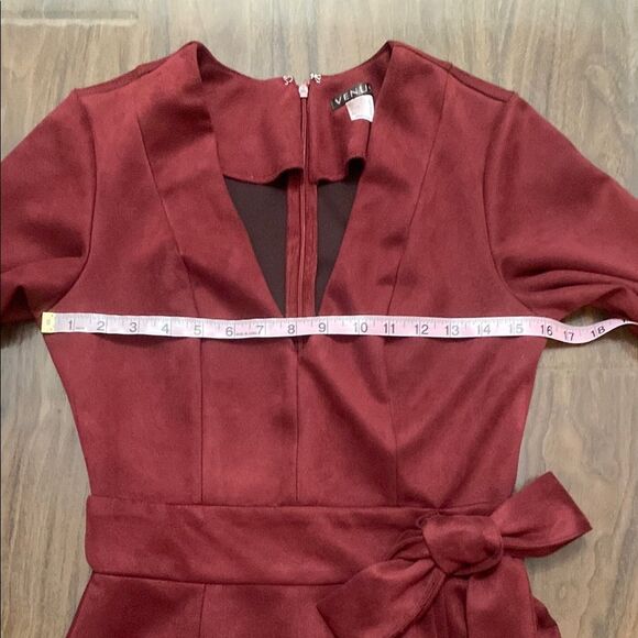 VENUS Faux Suede Maroon A-line Dress with Bell Sleeves - Picture 4 of 10